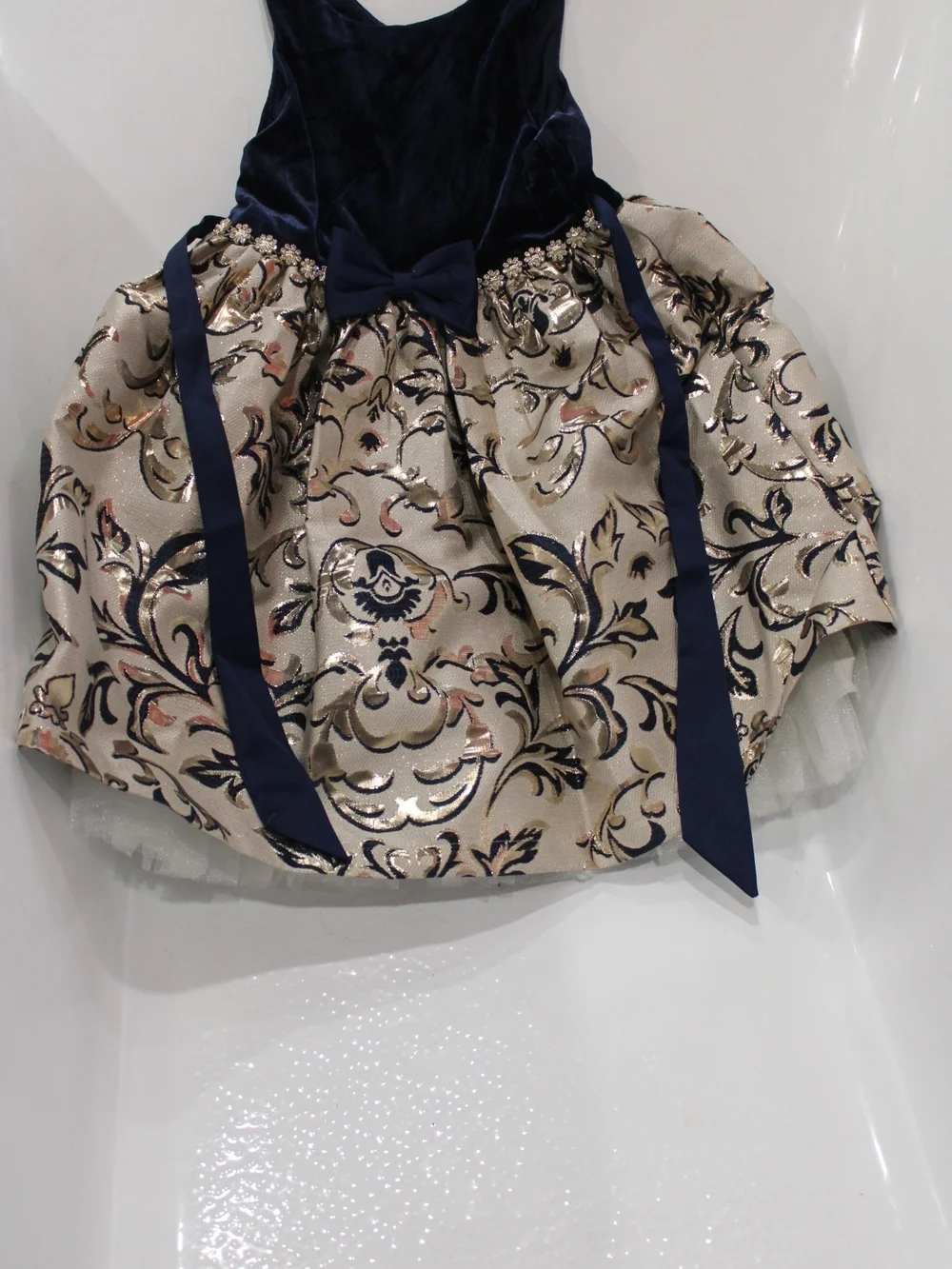American Princess Navy Velvet & Cream Floral Brocade Dress with Bow